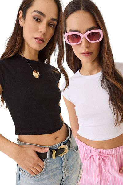 Bianco Lucci Women's Crew Neck - Short Sleeve Basic Camisole Double Crop Top T-Shirt 60602052