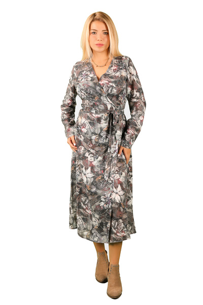BALİNS Rochie gri din viscoză - Cu închidere încrucișată și imprimeu floral