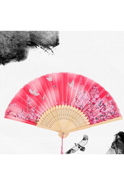 BELUGA Yelpaze Bambu Vintage Pembe Kelebekli Çiçekli Şık Püsküllü Japon Yelpa...