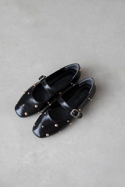 STRASWANS Daphne Women's Black Garment - Drop Detail Wrinkled Leather Ballerinas