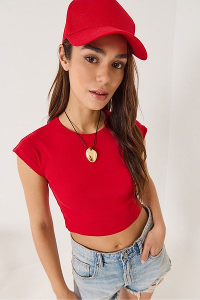 Bianco Lucci Damska koszulka z krótkim rękawem i okrągłym dekoltem, Basic Camisole, skrócona koszulka T-shirt 60602044