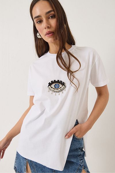 Bianco Lucci Damen-T-Shirt mit Pailletten und Pailletten-Accessoires und Schlitz-Detail, kurzärmelig 60602029