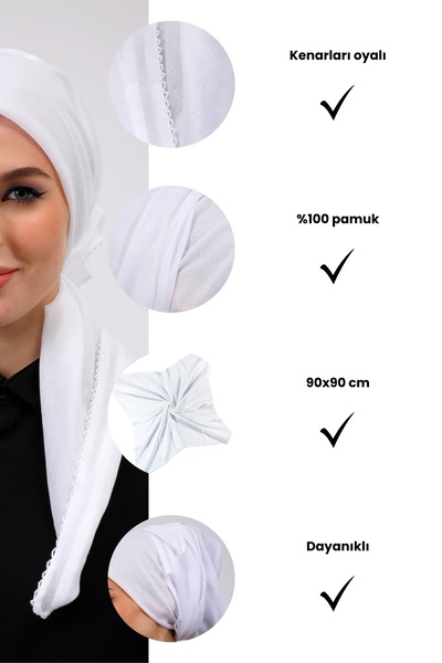 Loggia 2 Pieces Inner Hijab 100% Cotton Black White Cheesecloth - Embroidered Edges 90X90 Women's Hijab