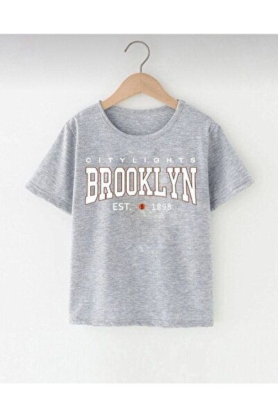 Topçu Tricou pentru copii unisex gri cu imprimeu Brooklyn - decolteu