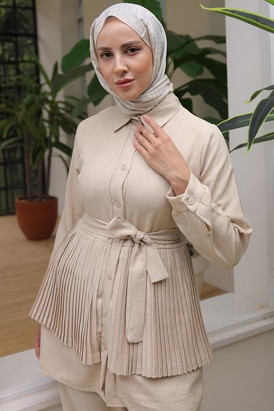 giyze Pleat Detailed Double Suit Stone Color 3944