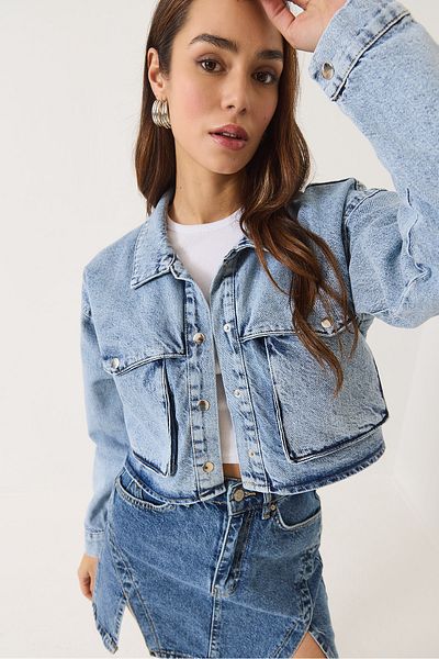 Bianco Lucci Jachetă de denim crop cu buzunar lat pentru femei 60261499