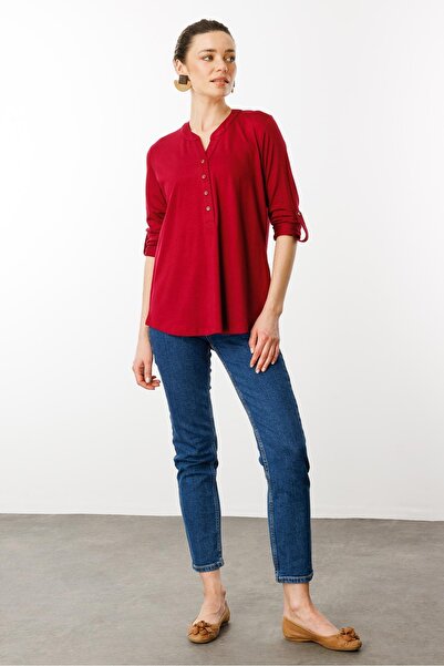 Desen Triko Women's Buttoned Combed Cotton Blouse with Opening Collar and Cherry