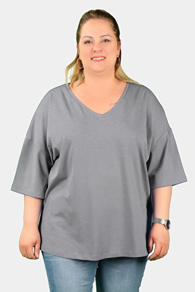 BALİNS Büyük Beden Kadın V Yaka Süprem Tişört Gri