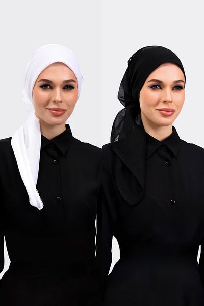 Loggia Inner Headscarf 100% Cotton 2-Piece Black and White Embroidered Edges 90X90 cm Cheesecloth Hijab Writing Headscarf