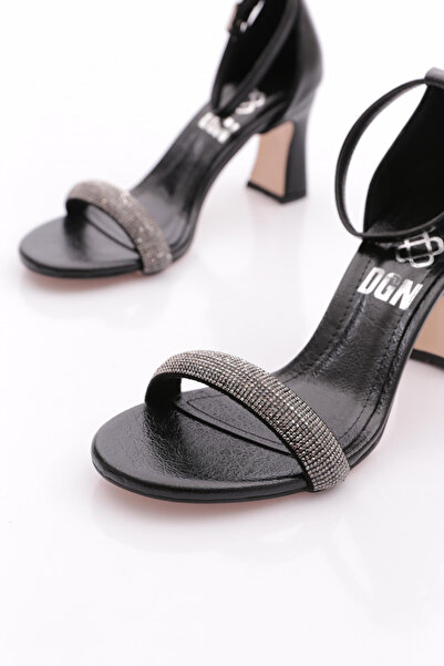 DGN Women's Silver Stone Single Strap Ankle Strap Heeled Sandals Black 112535