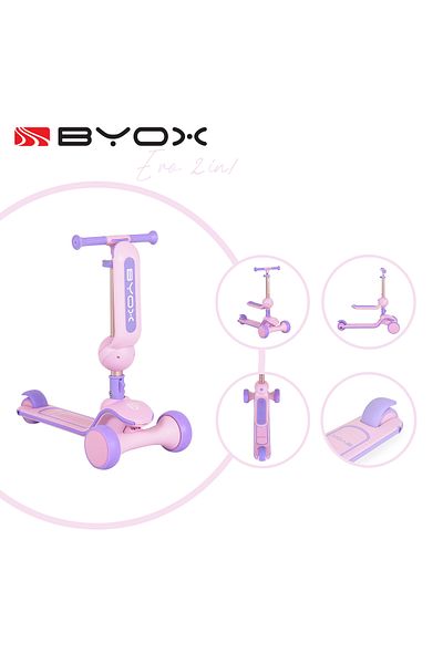 OEM Trotineta transformabila 2 in 1 cu Sezut, Byox Evo Roz, Roti cu LED, varsta minima 18 luni
