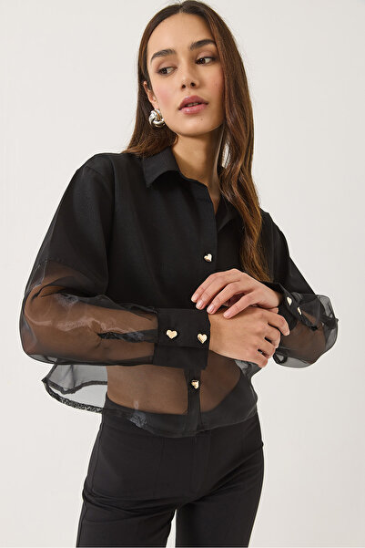 Bianco Lucci Cămașă semi-transparentă cu detaliu din tul cu nasturi inimă 251006 60283190