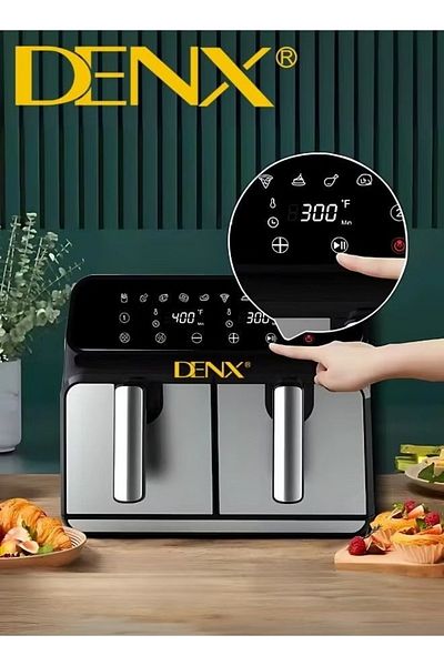 Denx قلاية هوائية مزدوجة متعددة الاستخدامات من الفولاذ المقاوم للصدأ، سعة 4 لتر + 4 لتر، منطقتا طهي