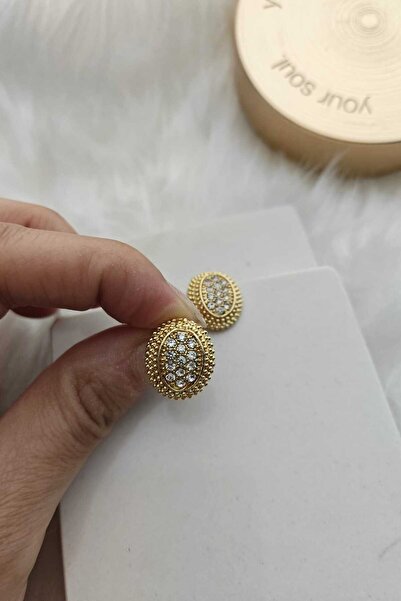 KYOLA DESİGN Taşlı Oval Gold Kadın Küpe