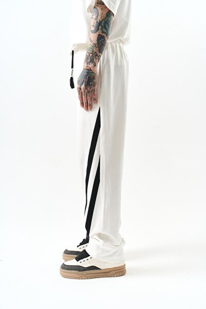 Respire Men's Oblique Stripe Detailed Interlock Baggy Sweatpants Ecru