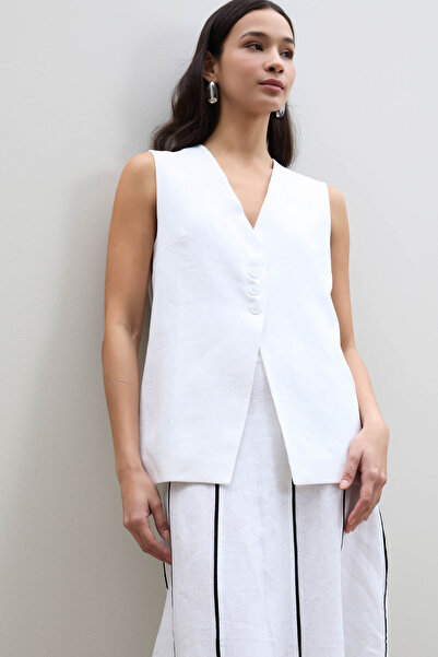 Serianno %100 Keten Düğme Detaylı Yelek