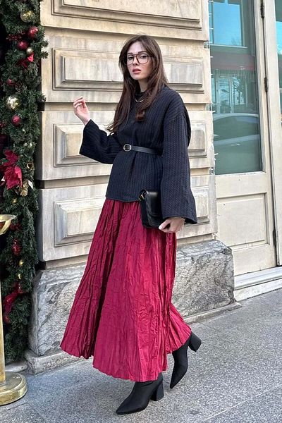 Melike Tatar Burgundy Crinkle Voile Skirt 3-3022 (Without Belt)
