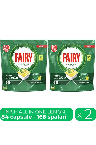 Fairy All in One Lemon, detergent automat vase, 2 pachete x 84 capsule, 168 spalari