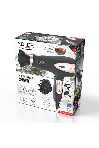 adler Uscător de păr AD2248b, negru, difuzor, 2200W, ionizare, 2 viteze, 3 setări de temperatură