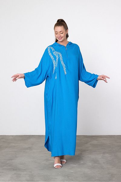 Denismoda VPV037 Γυναικείο κέντημα με κουκούλα Λεπτομέρεια Plus Size Αυθεντικό Φόρεμα ΜΠΛΕ