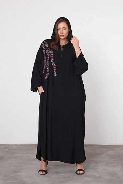 Denismoda Vpv037 Women's Hooded Embroidery Detail Large Size Authentic Dress Black