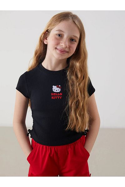 LC Waikiki Tricou negru pentru copii LCW Kids, cu decolteu rotund, brodat Hello Kitty