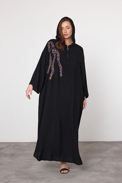 Denismoda Vpv037 Women's Hooded Embroidery Detail Large Size Authentic Dress Black