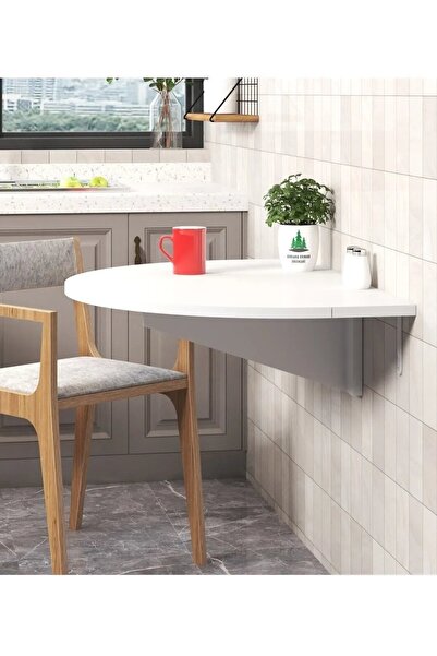 Reyo 90x60cm Beyaz Mdf Yuvarlak Açılır Kapanır Duvara Monte Raf Masa Mutfak Masası
