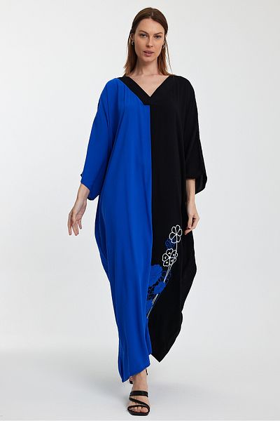 Denismoda VP958 Rochie de mărime mare cu decolteu în V cu detaliu de broderie ALBASTRU