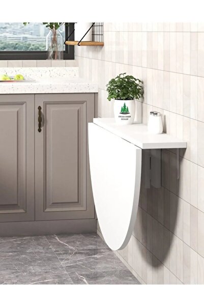 Reyo 90x60cm Beyaz Mdf Yuvarlak Açılır Kapanır Duvara Monte Raf Masa Mutfak Masası