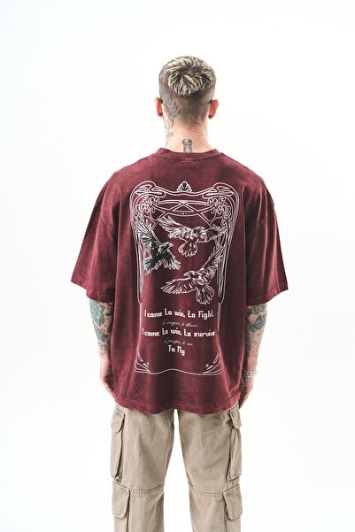 Respire Tricou oversize lavabil cu imprimeu To Fly pentru bărbați, roșu Claret