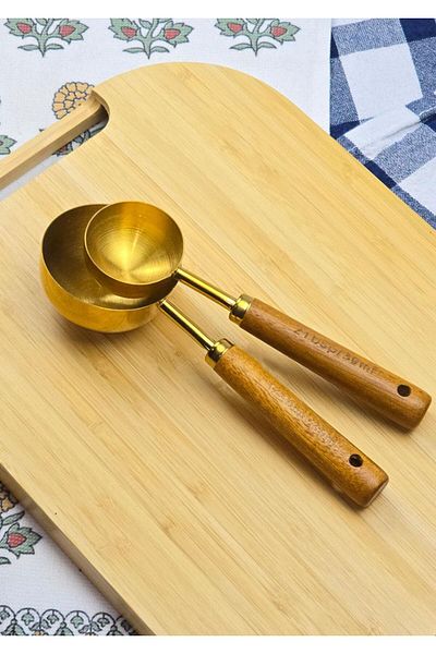 HomeTarz Gold Measuring Spoon Set with Wooden Handle - 2 Coffee Measuring Spoons - 30 + 60 ml
