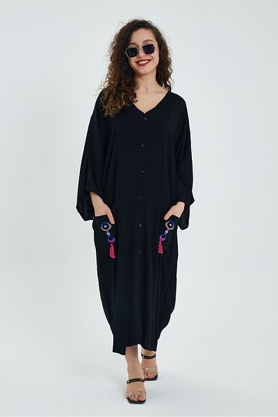 Denismoda Γυναικείο φαρδύ πουκάμισο φόρεμα με κέντημα στην πλάτη και τσέπη