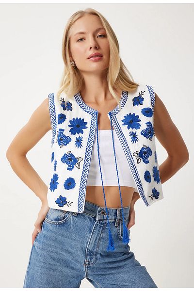 TUSSE Ethnic Floral Embroidered 100% Cotton Regular Fit Mini Vest