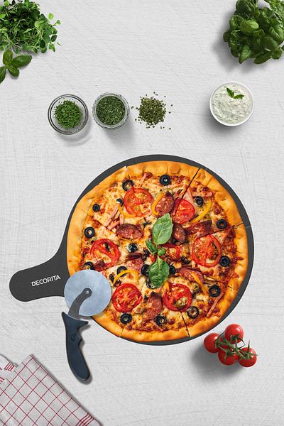 Decorita Pizza Presentation Glass with Handle and Cut Channel |   Smoked Glass |   36cm X 47cm
