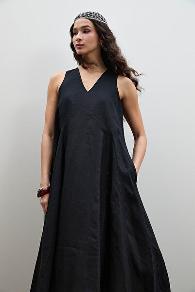 Serianno %100 Keten A Pile Detaylı Midi Elbise