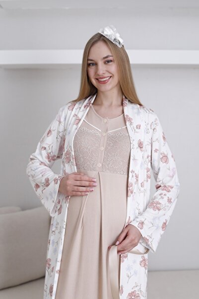 LOHOUSE طقم ثوب نوم للحوامل من القطن المزين بنقشة المنك للنساء مكون من قطعتين