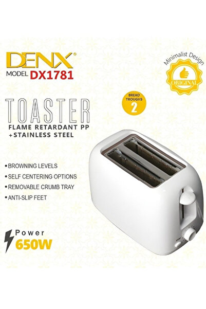 Denx 2-Slice Bread Toaster, 650 Watts, White DX1781
