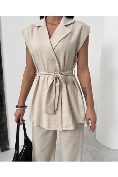 BERİ BUTİK Vest Belted Double Stone Set