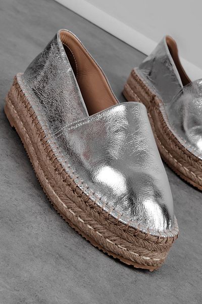 MY DERİ Ratsy Women's Genuine Leather High Straw Sole Espadrille Ballerinas 3901