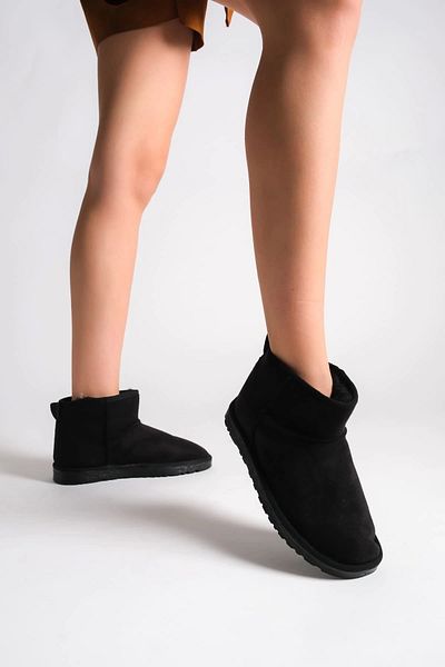 WESBUM STORE Jolıe Laceless Flat Sole Short Suede Γυναικείες Μπότες με Γούνα Εσωτερικά - Μαύρο