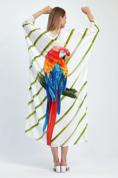 Denismoda Vp932 Women's V-Neck Back Parrot Pattern Dress White Green