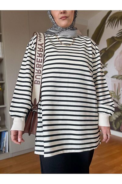 ASEL FASHİON Black Striped Sweat and Balloon Sleeve Double Set
