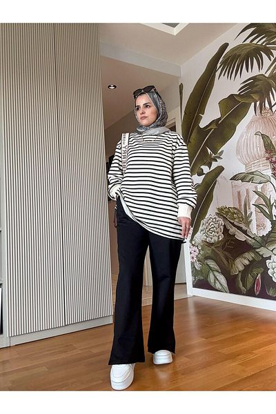 ASEL FASHİON Black Striped Sweat and Balloon Sleeve Double Set