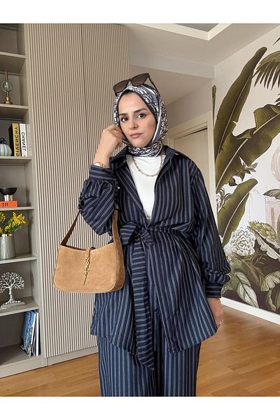 Aselim Hijap Moda Striped Belted Cotton Shirt Suit Navy Blue