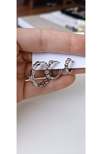 ARİ TAKI Silver Heart Hoop 3-Pair Earrings Set