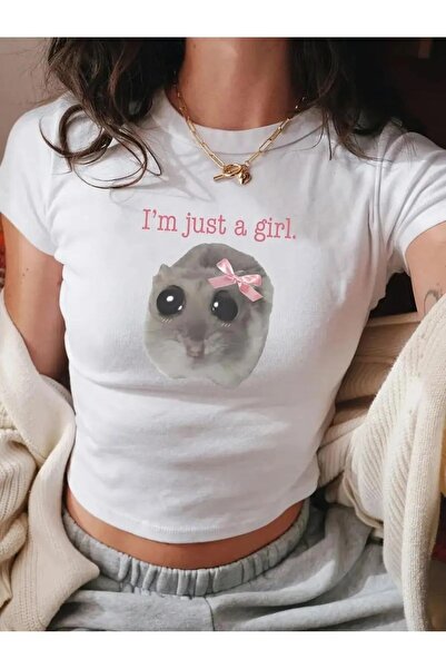 Le Savu أنا مجرد فتاة مطبوع بلوزة قصيرة باللون الأبيض