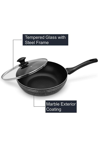 Auroware Non-Stick Aluminium Wok Pan with Lid Black Aluminium marble Three layer Non stick coating