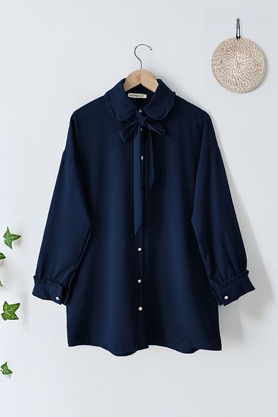 MODAQU Navy Blue Bow Baby Collar Crepe Tunic