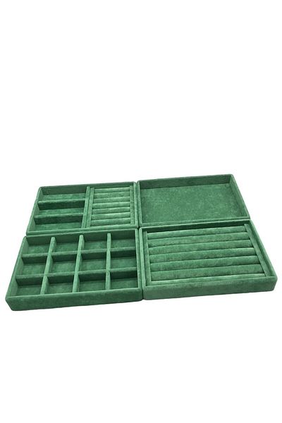 MeGass Dekor Domestic Production Suede Fabric Green Color 4-Piece Set Jewelry Stand Inside Drawer